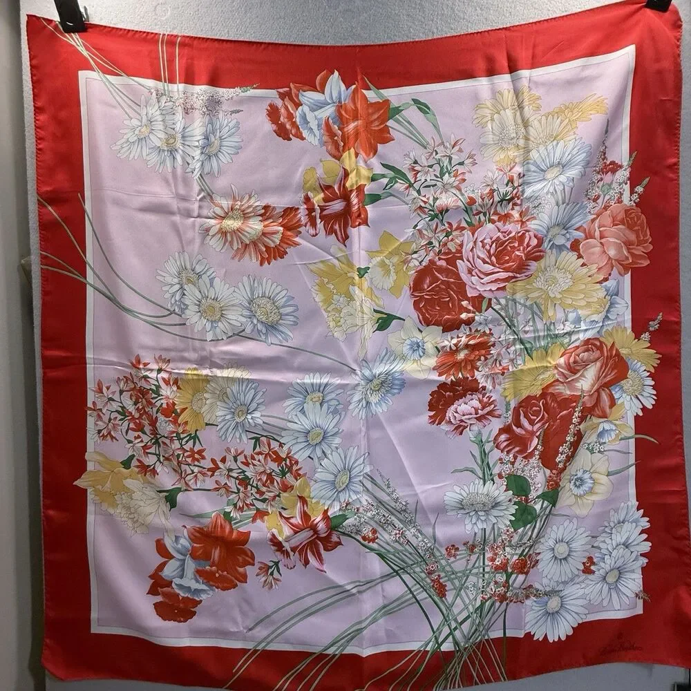 Brooks Brothers Silk Square Scarf Floral Botanical Rose Red Pink NWT Italy VTG